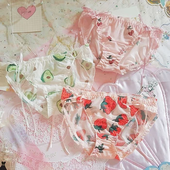 

Lovely Soft Meet Red Butter Ribbon Sexy Thin Translucent Mesh Strawberry Fruit Printed Low waist Underwear string tanga majtki