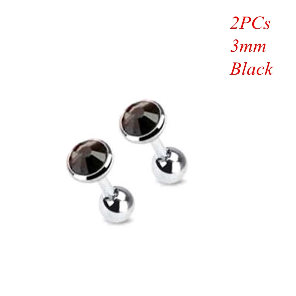3mm black 2 шт хирургическая сталь драгоценный камень штанга ушной хрящ трагус спираль серьга-гвоздик для пирсинга Циркон многоцветные серьги гвоздики ювелирные аксессуары - Окраска металла: 3mm black
