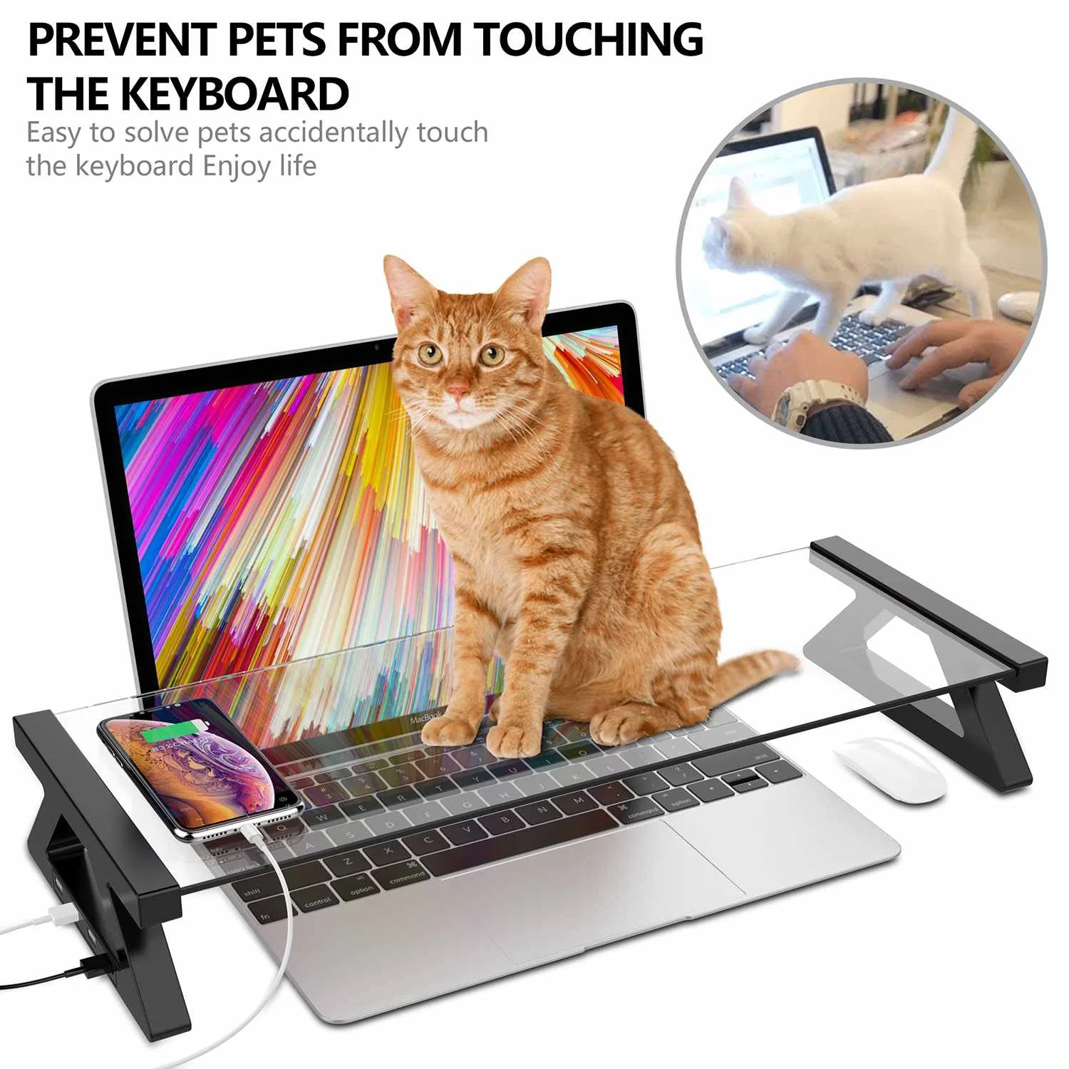 Multi-function Computer Monitor Stand with 4 USB Ports Aluminum Alloy Tempered Glass Desktop Laptop