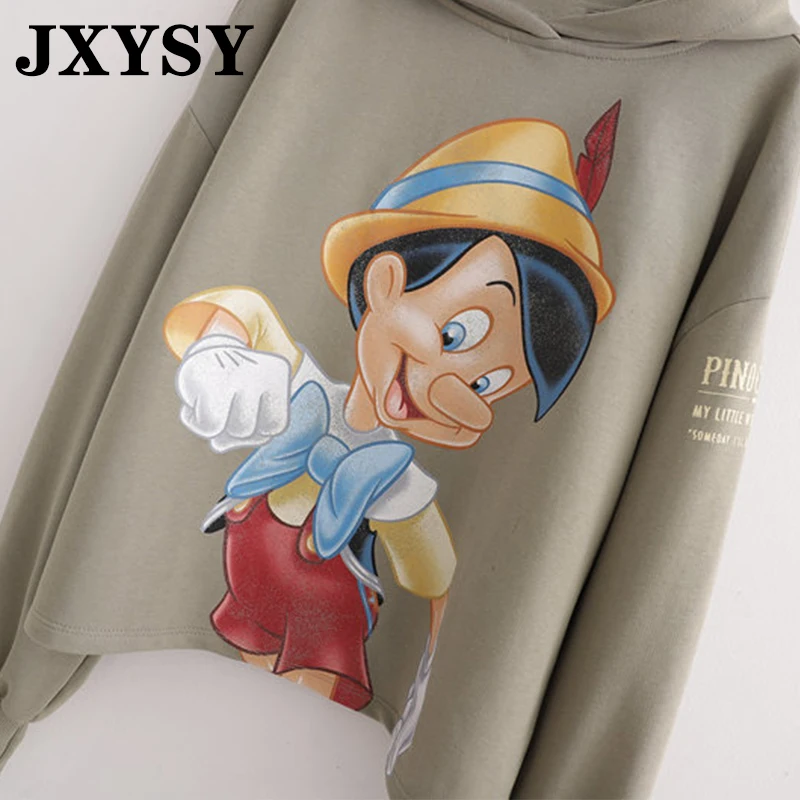 JXYSY, зимние толстовки для женщин, Англия, высокая улица, мультяшный персонаж, принт, короткий, с капюшоном, свободные, женские толстовки, женские пуловеры, Топ