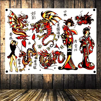 

Classic Tattoo Pattern Poster High Quality Print Art Canvas White Banner Four-hole Flag Tattoo Studio Background Wall Decor Y8