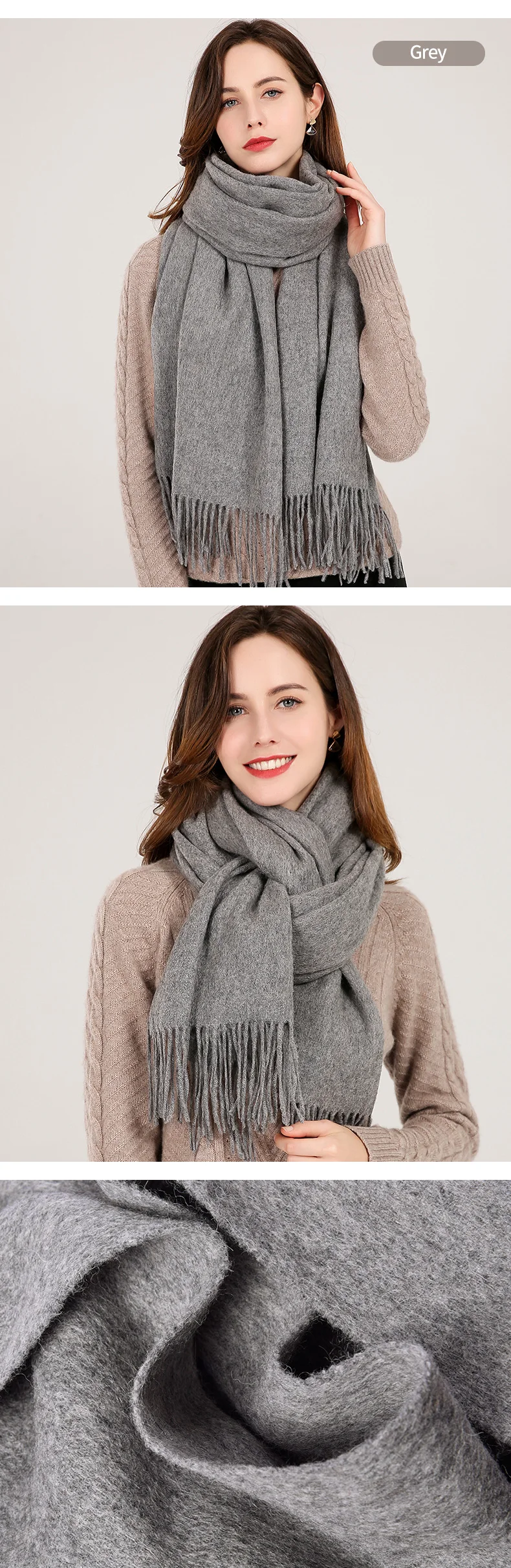 Winter Real Wool Scarf Women Echarpe Brand Tassel Shawl and Wraps Warm Foulard Pashmina Solid Beige Pure Wool Scarves