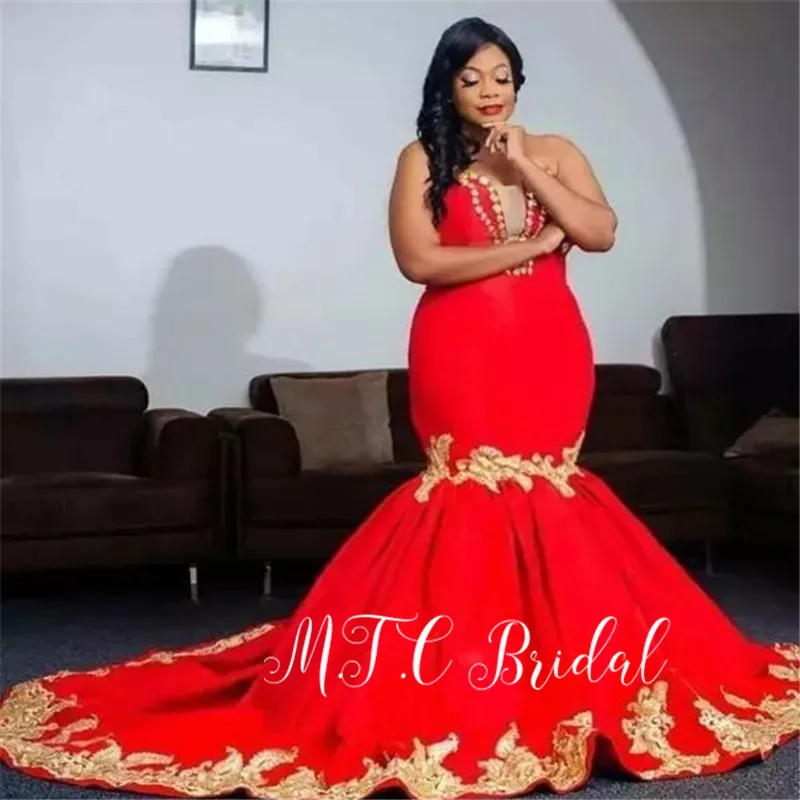 Plus Size Prom Dresses Gorgeous Red Mermaid Gold Appliques Long Formal Dress Customize Robe De Soiree Sirene - Цвет: Красный