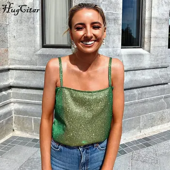 

Hugcitar 2020 shiny sleeveless slash neck sexy crop tops spring women new fashion streetwear cute outfits club camis