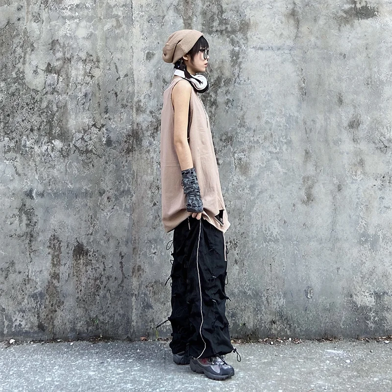 [EAM] High Elastic Waist Green Drawstring Wide Leg Long Trousers New Loose Fit Pants Women Fashion Tide Spring Autumn 2020 1X847