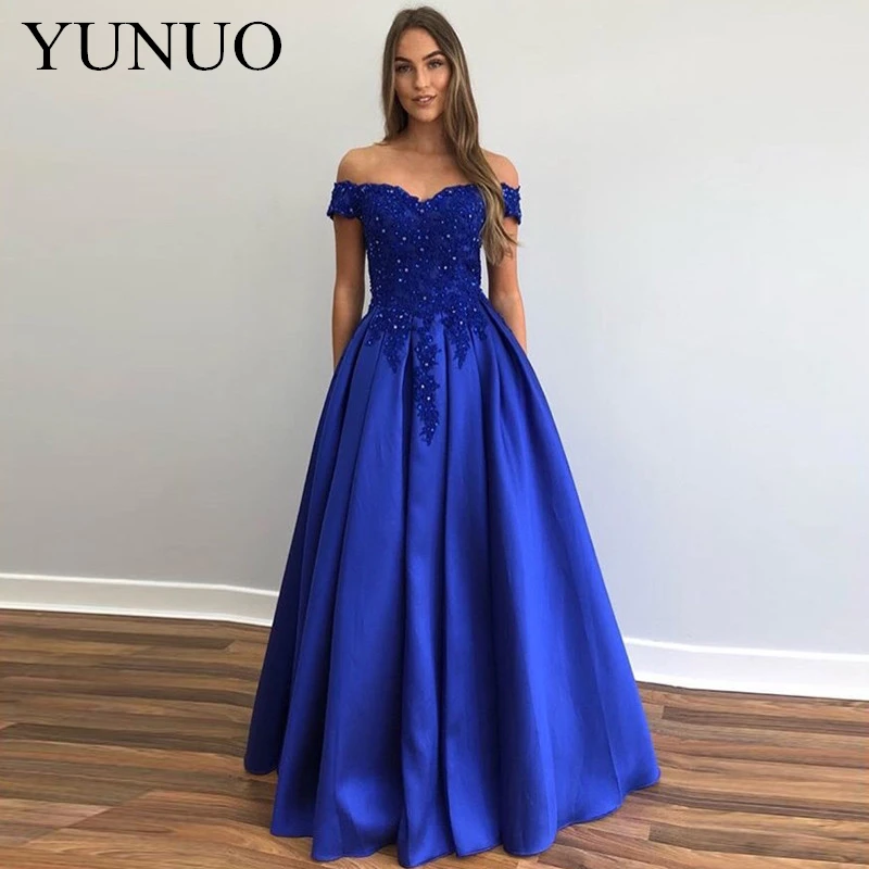

YuNuo Elegant Royal Blue Evening Dresses Off The Shoulder Appliques Satin A-Line Special Occasion Gowns Vestidos N50