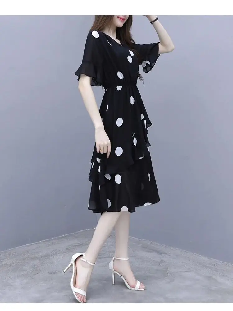 summer dress new woman dress loose large size wave point V-neck dresses for women dress