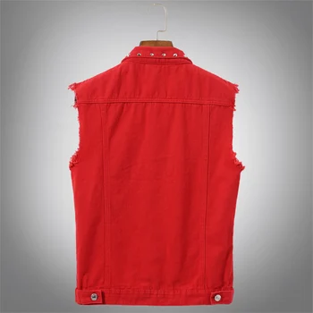 

PEVSN Autumn Mens Vest Vintage Denim Jeans Vest Male Red Revit Sleeveless Jackets Men Retor Hole Jeans Waistcoats Clothing 5XL