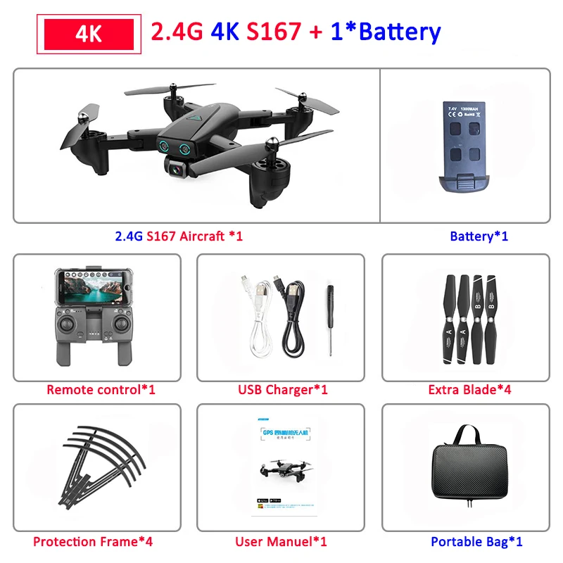 S167 складной Профессиональный Дрон с камерой 4K HD селфи 5G gps WiFi FPV широкоугольный Радиоуправляемый квадрокоптер Вертолет игрушка E520S SG900-S - Цвет: 2.4G 4K 1B Bag