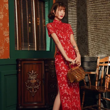 

Female Red Lace Cheongsam Large Size 3XL Qipao Elegant Mandarin Collar High Split Traditional Chinese Party Prom Dress Vestidos