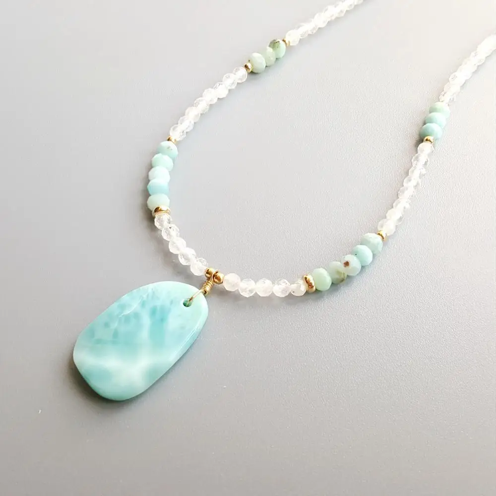 

LiiJi Genuine Moonstone Larimar Pendant Charms S925 Sterling Silver Delicated Handmade Necklace