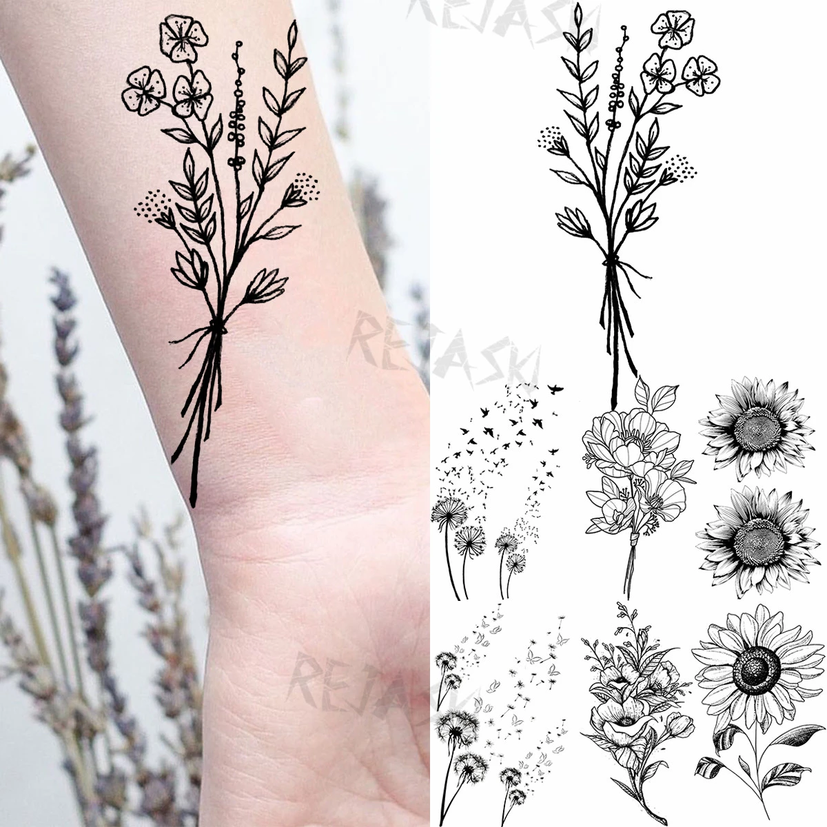Tatouage Marguerite Noir Et Blanc Faux Tatouage Temporaire Bouquet Marguerite Noire, Pour Femmes Adultes,  Tournesol, Pissenlit, Fleur Réaliste, Pour Les Poignets Et Les Pieds,  Lavable - Temporaire Tatouages - AliExpress