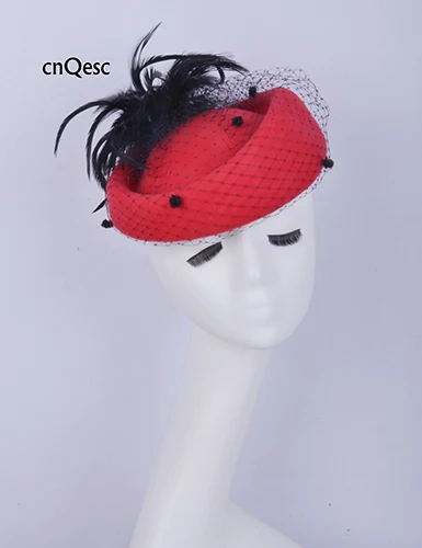RED BLK Фиолетовый черный настоящий шерстяной головной убор дамская шляпа украшение с перьями для зимы. Дерби церкви - Цвет: RED BLK