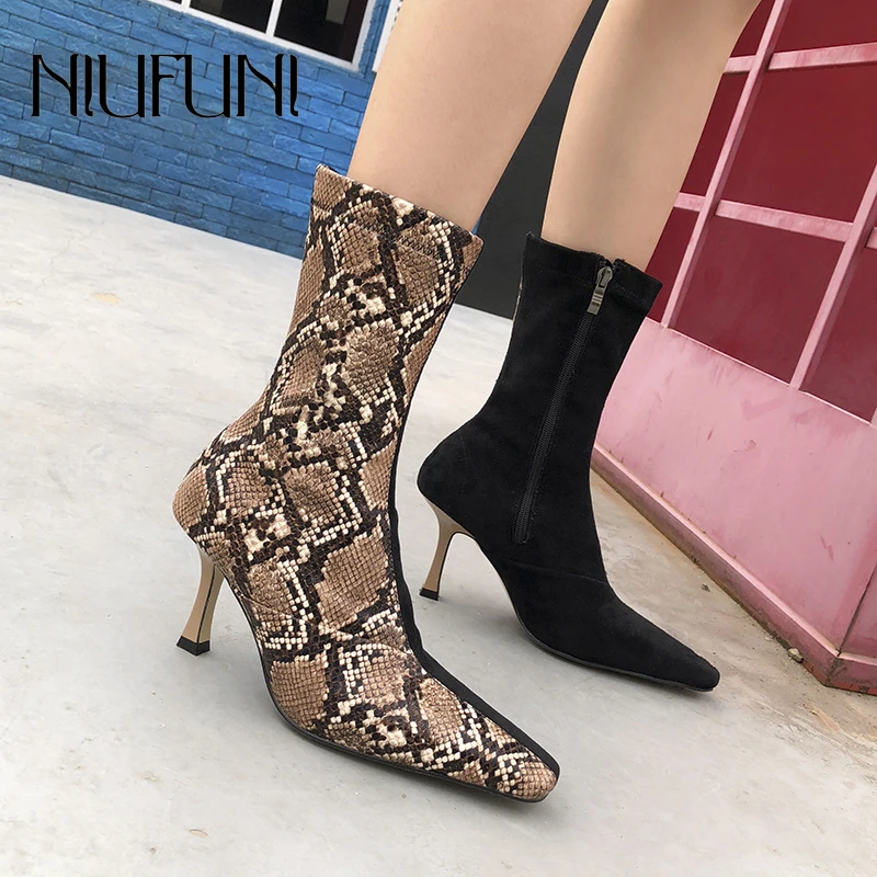

Sexy Pointed Toe Snake Print Women's Ankle Boots Zipper Martin Boots Stiletto High Heels NIUFUNI 2019 Women's Shoes Size 35-39