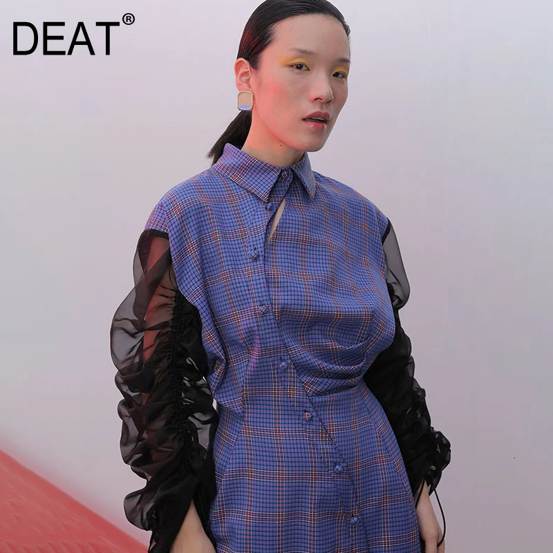 

[DEAT] 2019 Women's Autumn Fashion Trend New Pattern Pleated Puff Sleeve Hollow Curved Threshold Plaid Slim Waist Dress AI513