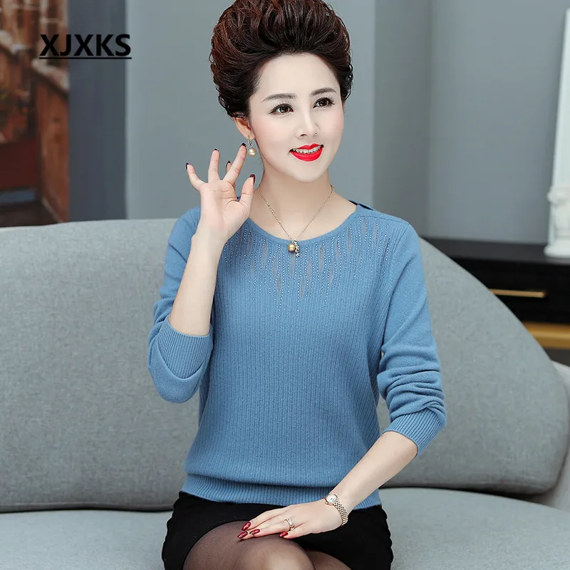 XJXKS All-match exquisite diamond women sweater autumn winter new plus size wool knitted sweater women pullover - Цвет: Синий