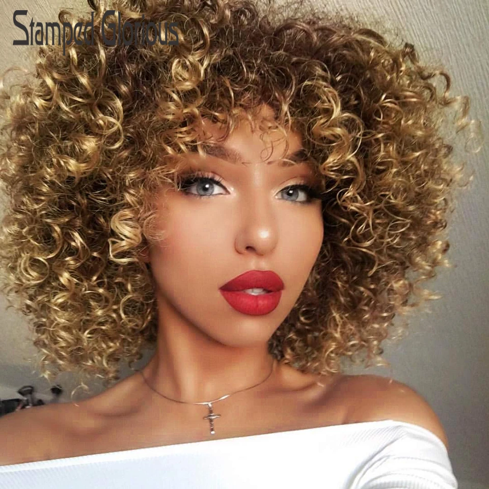 Stamped Glorious 14inches Afro Kinky Curly Wig Synthetic Short Wig With Bangs Mixed Brown and Blonde Wig for Black Women 1 Stamped Glorious 14inches Afro Kinky Curly Wig Synthetic Short Wig With Bangs Mixed Brown and Blonde Wig for Black Women 1