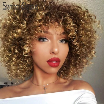 Stamped Glorious 14inches Afro Kinky Curly Wig Synthetic Short Wig With Bangs Mixed Brown and Blonde Wig for Black Women 1