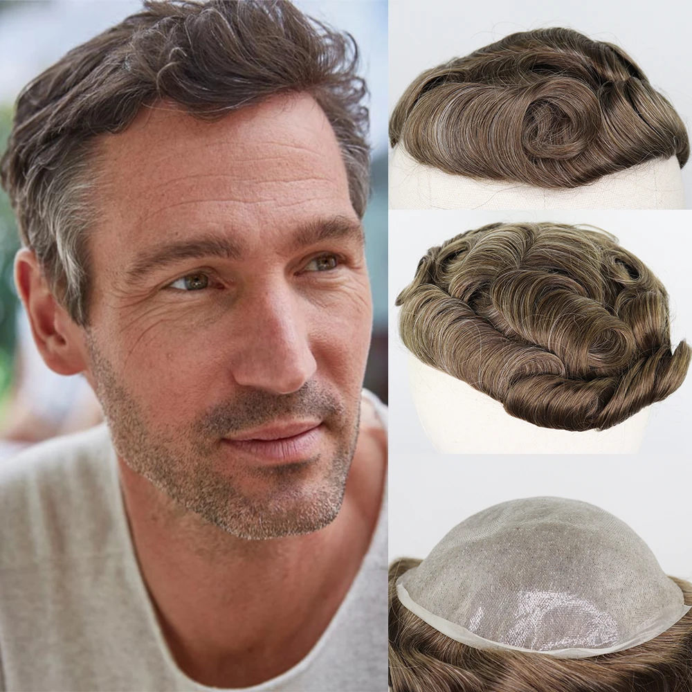 YY Парики мужские Toupee 8x10 Тонкий ПУ коричневый микс серый 6 дюймов Тонкая кожа