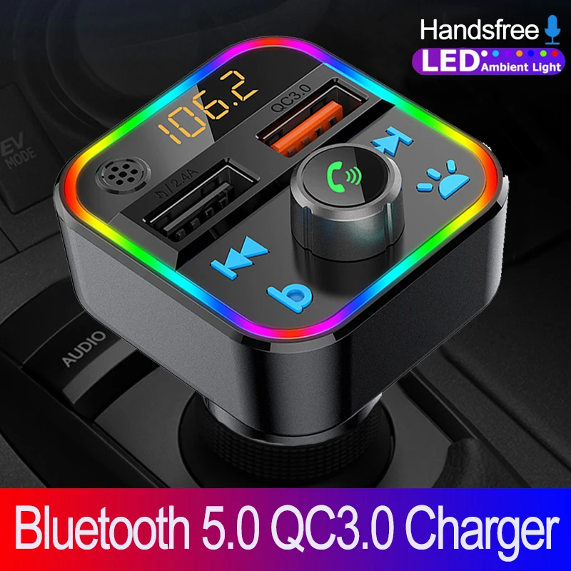 

JINSERTA One Key Bass Bluetooth 5.0 FM Transmitter Handsfree Car Mp3 Player QC3.0 Dual USB Charger 7-Color Atmosphere Mood Light