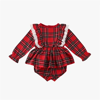 

Newborn Baby Girl Red Plaid Clothes Lace Ruffle Long Sleeve Shirts Dress Top+Shorts Panties 2PCS Infant Kid Cute Outfits Set New