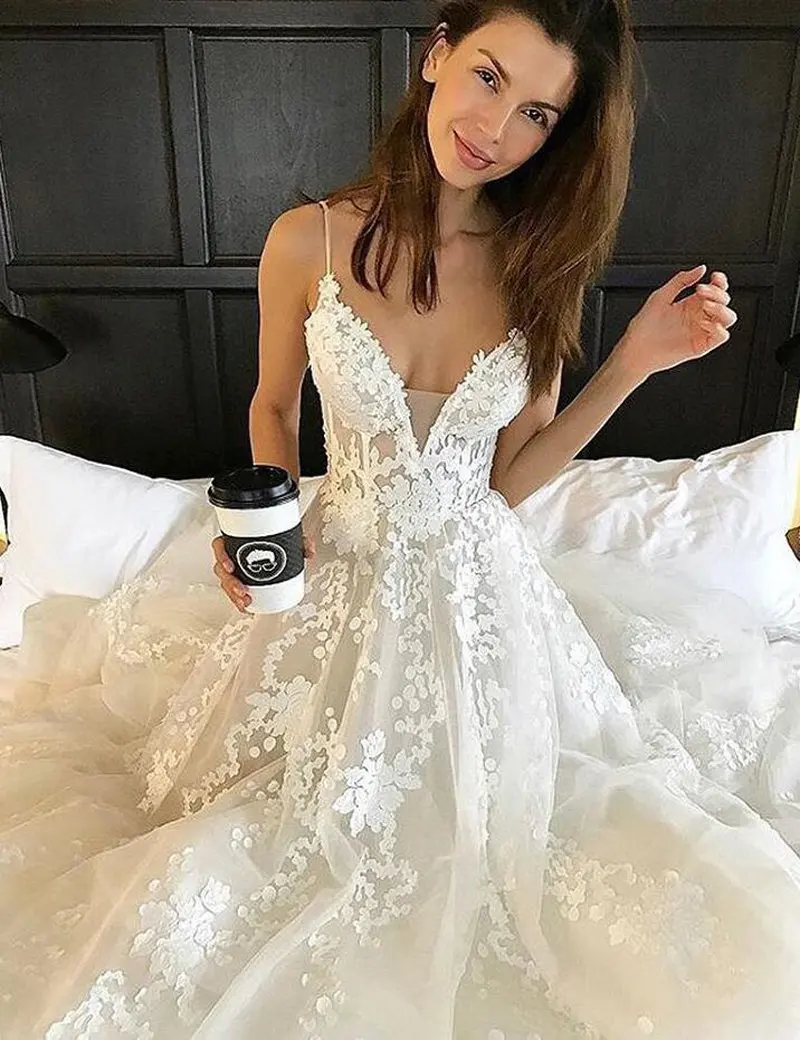LORIE свадебное платье с длинным шлейфом, кружевное свадебное платье из мягкого тюля с аппликацией, сексуальное свадебное платье с v-образным вырезом на бретельках, большие размеры