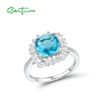 

SANTUZZA Silver Rings For Women Pure 925 Sterling Silver Shiny Square Sky Blue Stone Cubic Zirconia Trendy Luxury Fine Jewelry