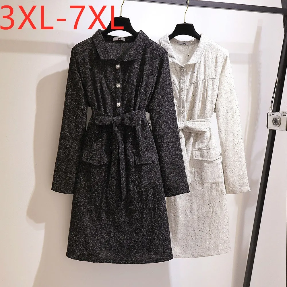 new-2021-ladies-autumn-winter-plus-size-shirt-dress-for-women-large-long-sleeve-loose-button-gray-belt-dress-3xl-4xl-5xl-6xl-7xl