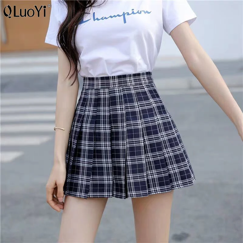 

QLuoYi Summer Kawaii Women Skirt Preppy Style Plaid Pleated Skirts for Girls Cute Japanese School Ladies Women Black Mini Skirt
