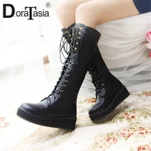 DORATASIA New Hot Sale Plus Size 33-47 Platform Boots Lady lace-up mid-calf Boots Women 2019 Winter Warm Fur Wedges Shoes Woman