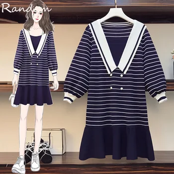 

Women Stripe Knitted Sweater Dress Long Sleeve Autumn Chic Streetwear Plus Size Oversie Dresses 2020 Loose Fsahion Navy Clothing