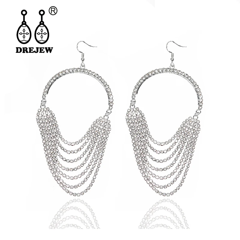 

DREJEW Gold Silver Rhinestone Multi-layer Circle Luxury Earrings Christmas Long Drop Earrings for Women Wedding Parties HE248