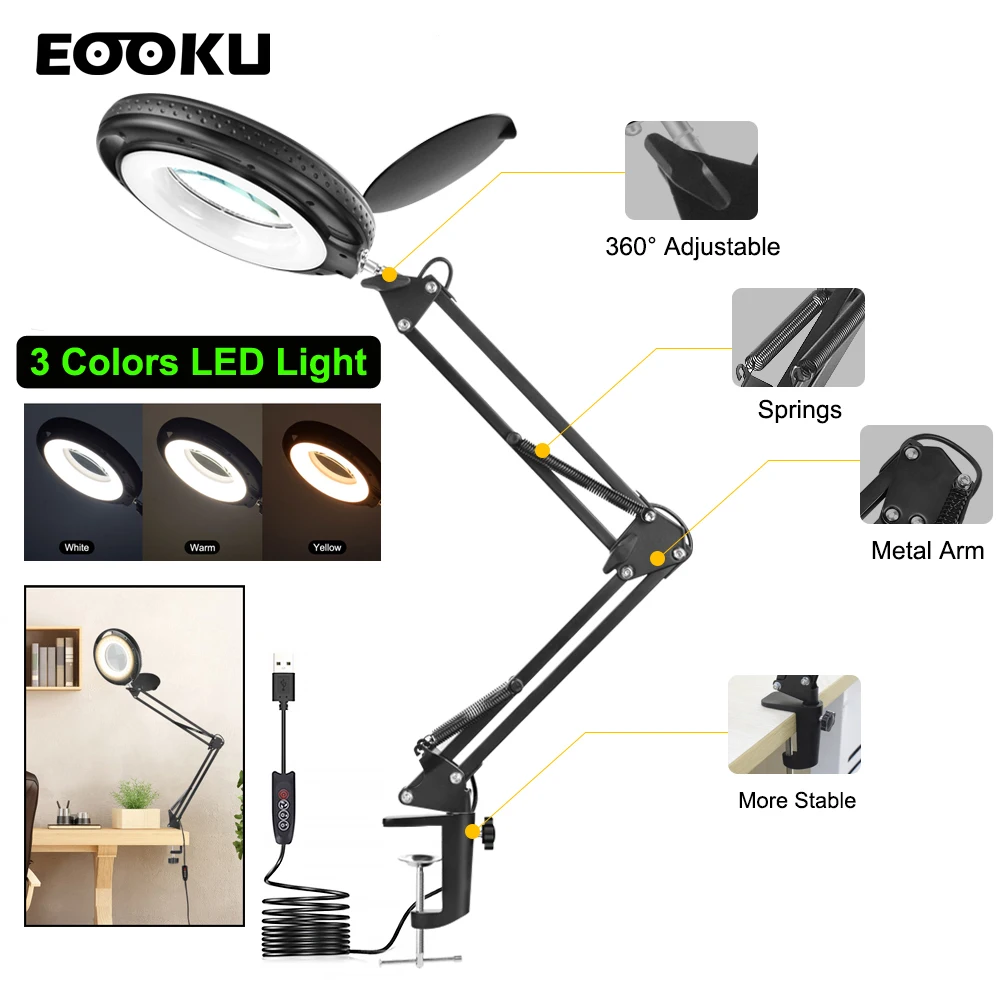 

EOOKU 10W USB Table Lamp 5X Magnifier Desk Light Foldable 3-Color 10-Level Dimming With Dust Cover For Reading Office Work Tool