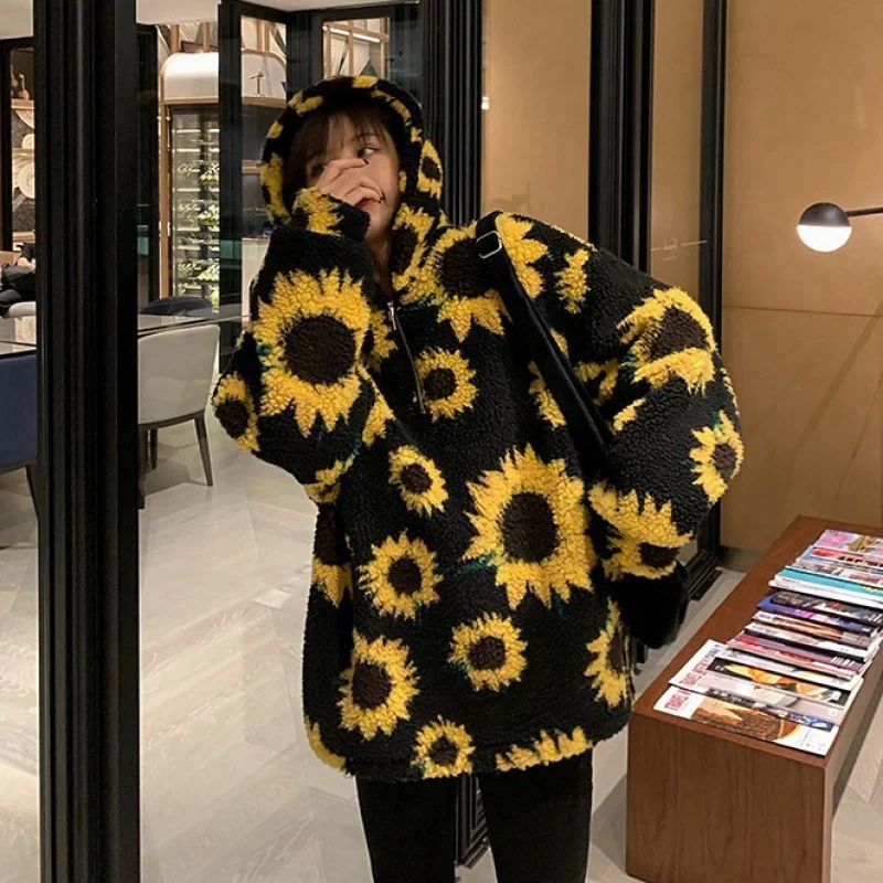 Nuevo invierno уличная одежда chaquetas grandes tapas mujer girasol abrigo callo de cordero cremallera chaqueta suel