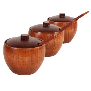 

3PCS Wood Spice Jar Seasoning Box Salt Shaker Japanese-Style Seasoning Bottle With Spoon Kitchen Supplies