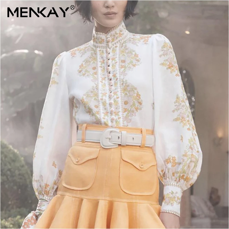 

[MENKAY] Print Women's Autumn Blouses Stand Collar Lantern Sleeve Elegant Shirt Female 2019 Fashion Clothing New