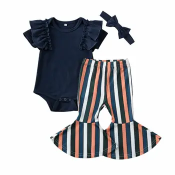 

Infant Baby Girls Clothes short sleeve black Ruffle Romper top Striped Flared Pants Headband 3 pcs baby girls casual Outfits