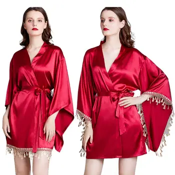 

Women Wine Red Imitation Silk Short Kimono Robe Lace Tassels Stitching Bridesmaids Nightgown Batwing Sleeves Bathrobe Sleepwear