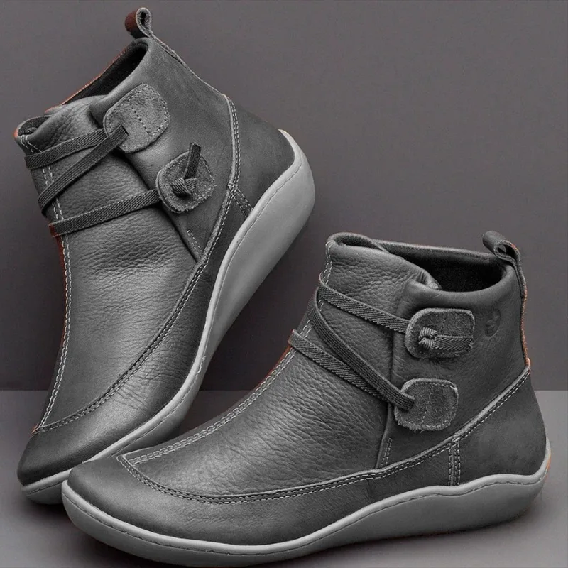 MoneRffi/повседневные ботинки; Зимние женские ботильоны; кожаные ботинки в стиле ретро; женская однотонная обувь из искусственной кожи; botas mujer; женская обувь - Цвет: gray
