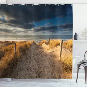 

Seaside Decor Collection, Sand Path to North Sea Beach Zandvoort Netherlands Sunshine Dark Clouds Shadows Image, Polyester