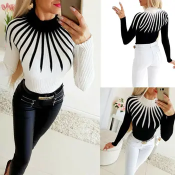 

New Women Color Matching Turtleneck Sweater Long Sleeve Slim Fit Casual Clothing Pullovers Sweaters Top