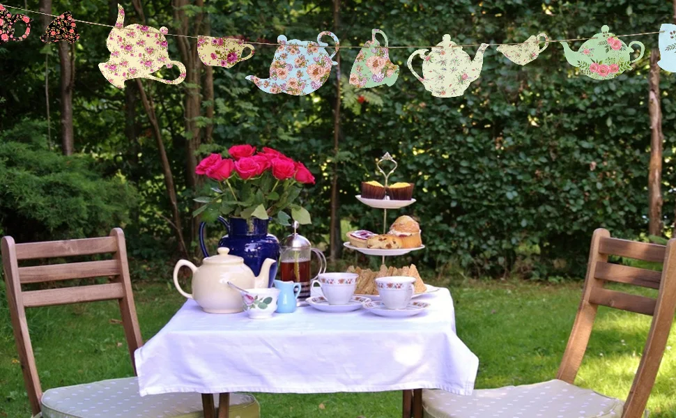 Шикарный цветочный чайный горшок и чайный стаканчик, бумажный баннер-гирлянда, Бантинг, чай, вечерние бар, свадебный душ, сад, день рождения, вечеринка, домашний декор