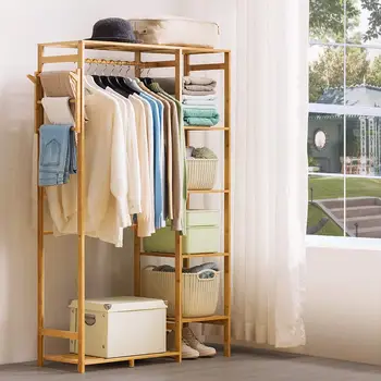

Bamboo Wood Garment Rack 6 Tier Storage Shelves Clothes Hanging Rack with Side Hook Duty Clothing Rack Wardrobe Closet Organizer