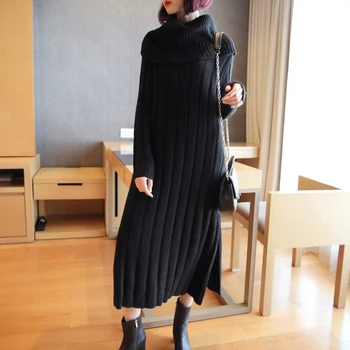

2020 Spring Winter Thick Warm Knitted Sweater Dress Women Long Sleeve Black Dresses Ladies Sheer Knitting Women Dress Elegant