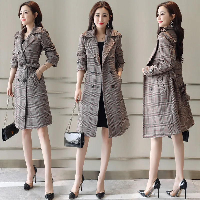 

Lace-up Polo Collar Plaid 2019 Spring Long Sleeve Thick Mid-length Slim Fit Polyester Suede Trench Coat