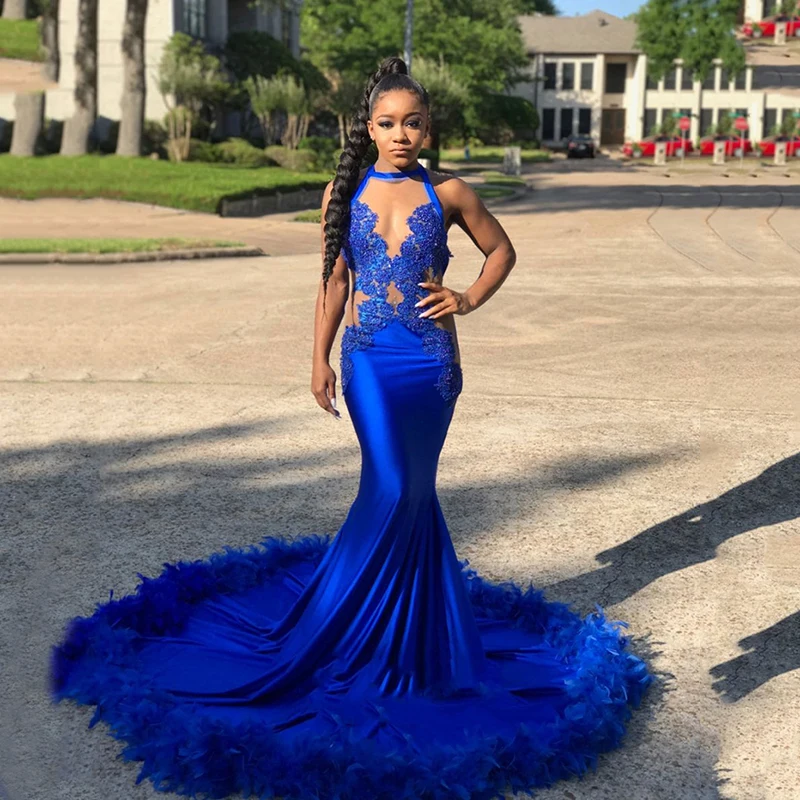 Mermaid African Prom Dresses 2020 Illusion Lace Feathers Long Party Gowns B...