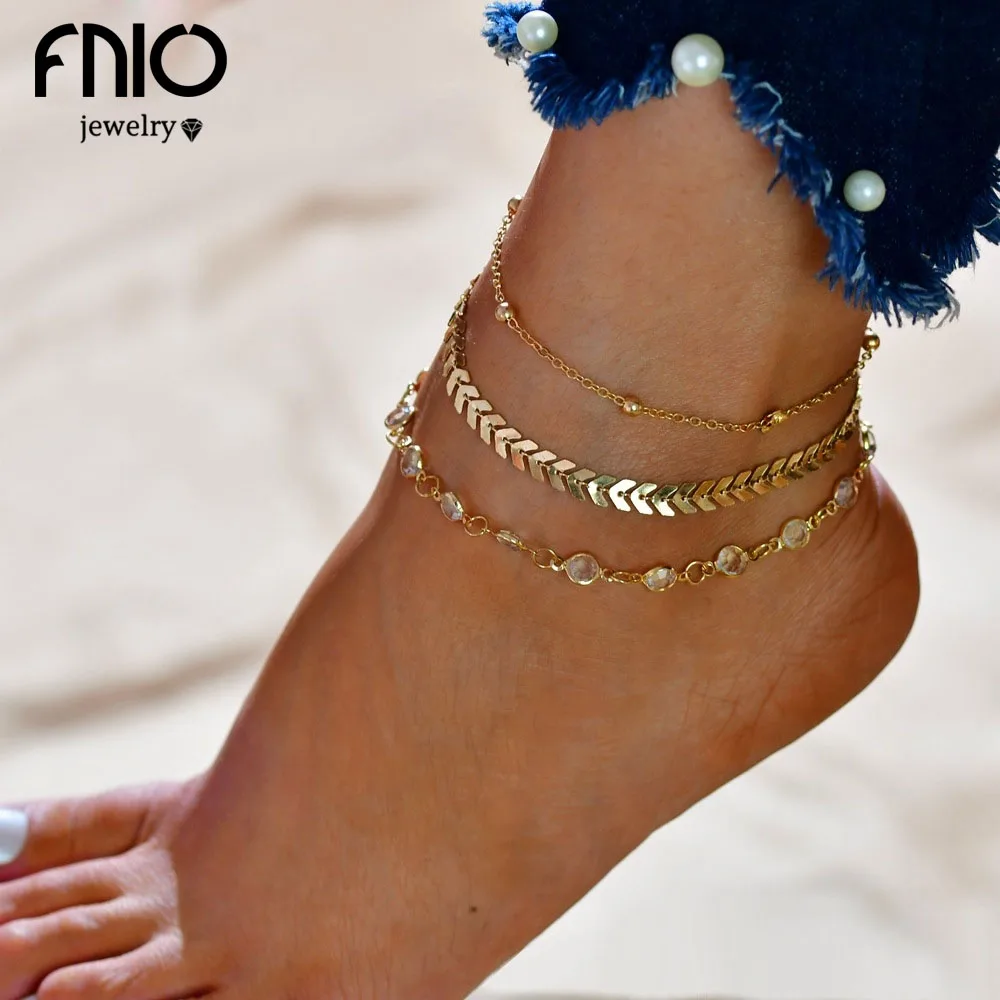 

FNIO Crystal Sequins Anklet Set for Women Beach Foot Jewelry Vintage Statement Anklets Boho Style Jewelry Summer Party 3pcs /Set