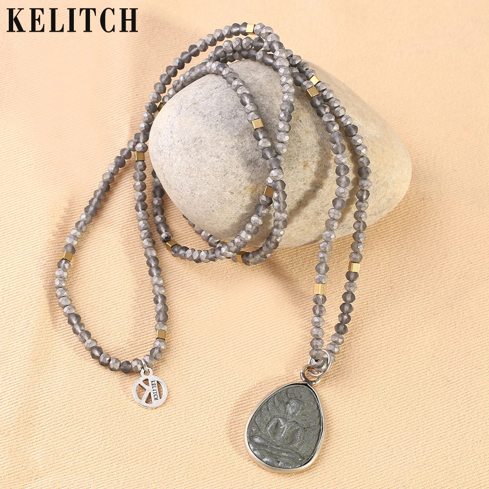

KELITCH Charm Necklace Jewelry Hand Carving Buddha Pendant Crystal Beads Necklace Rosary Beads Pendant for Prayer Strand Jewelry
