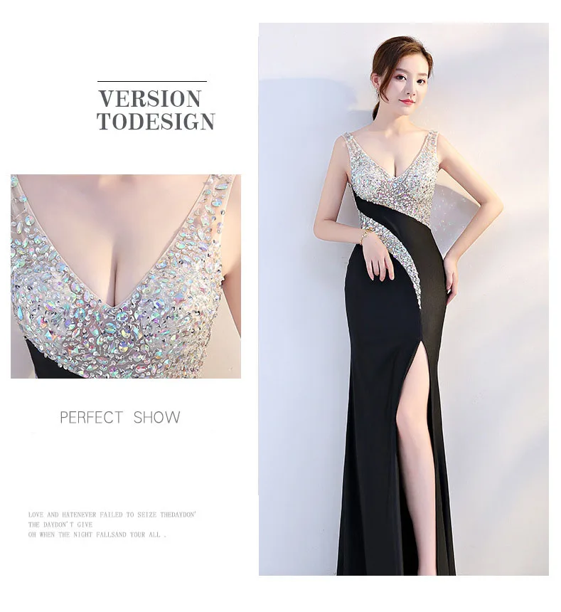 Sexy Black V-neck Beading Sleeveless Backless High Split Bodycon Long Dress Women Robe Femme Summer Party vestidos de festa