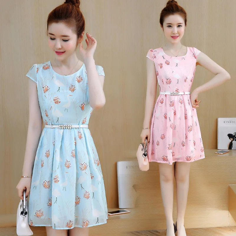 

2017 Summer New Style Korean-style Slim Fit Midi-skirt Waist Hugging Chiffon Dress Short Sleeve Printed Hipster A- line Skirt Wo